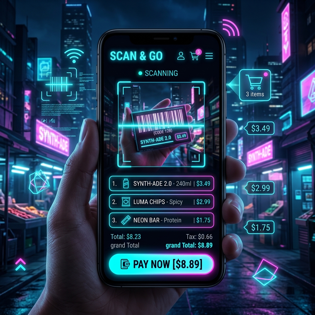 Scan & Go — Futuristic mobile retail checkout interface